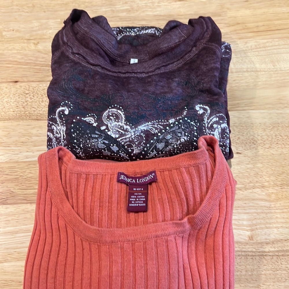Two sweaters, size 22/24. Coral Jessica London, and burgundy Est. 1846.